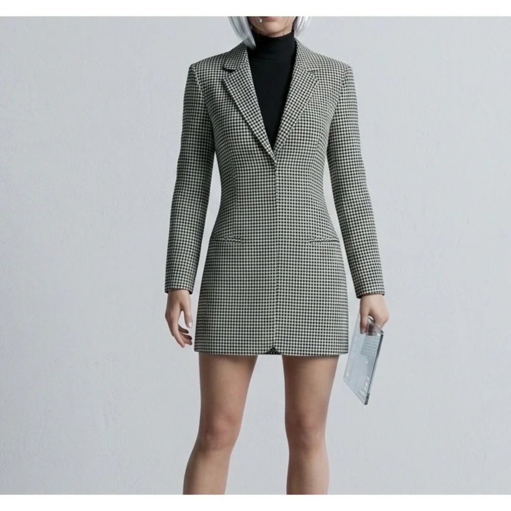Zara Houndstooth Blazer Dress Women Size S Green Plaid Officecore Dark  Academia